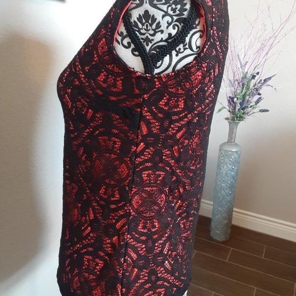 Express top Lace overlay Coral/black tight stretch top - Picture 4 of 11